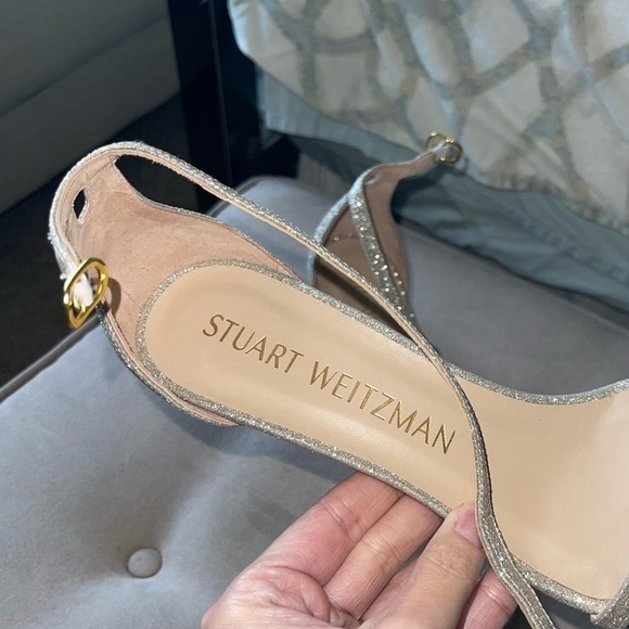 NEW Stuart Weitzman Nudistcurve Shimmery Ankle-Strap Sandals Platino Glitter 10 - Picture 4 of 13